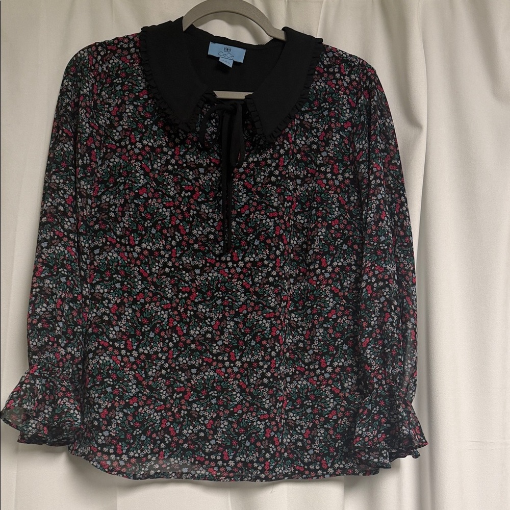 CECE Black Floral Blouse with Pink, Green and blue Details